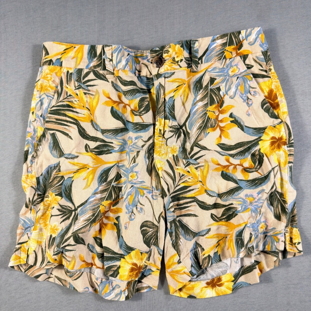 Old Navy Everyday Shorts Womens 8 Tropical Floral Linen Blend Mid Rise Beige